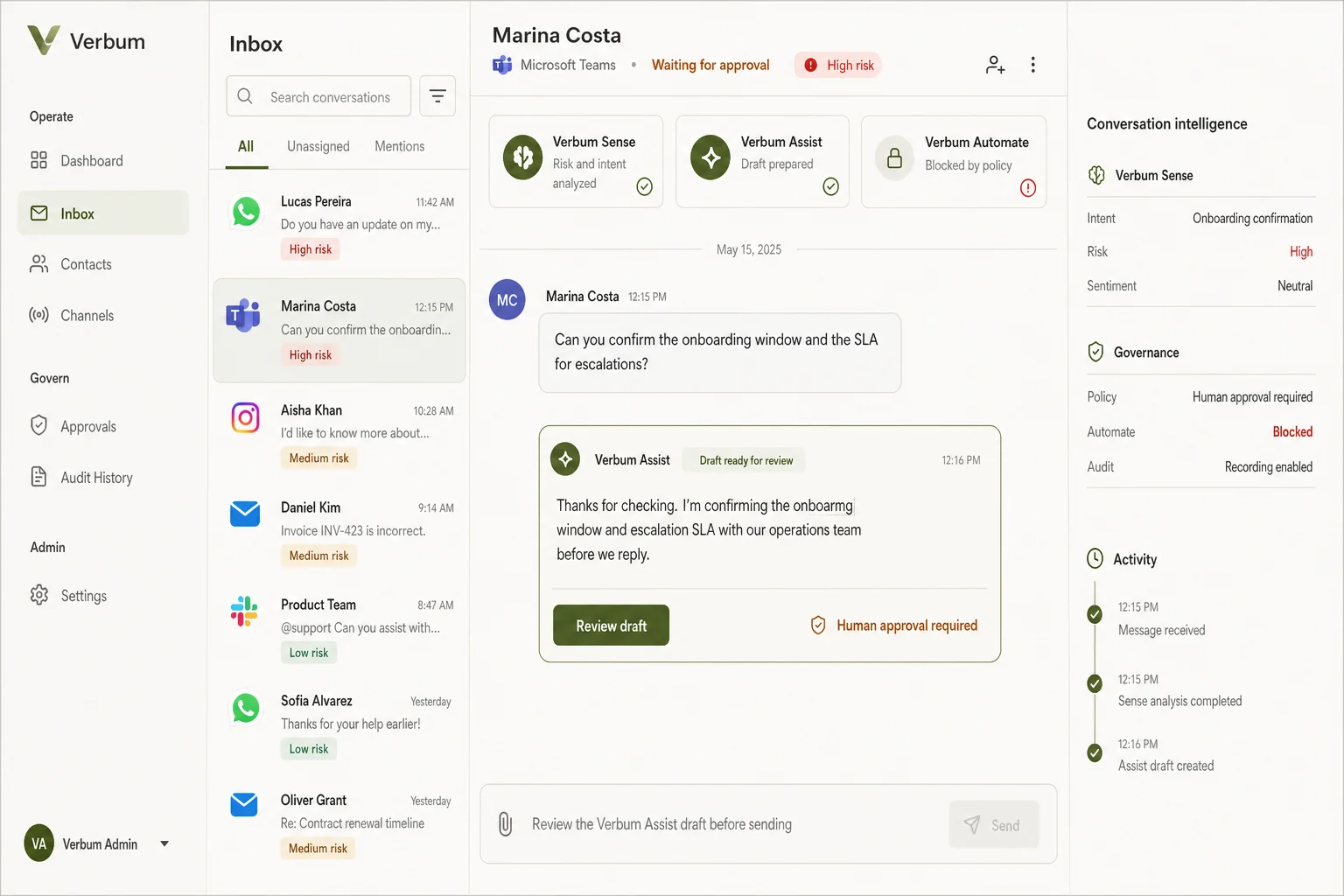 Console do Verbum exibindo uma conversa omnichannel com rascunho de IA, status de aprovação e trilha de auditoria.
